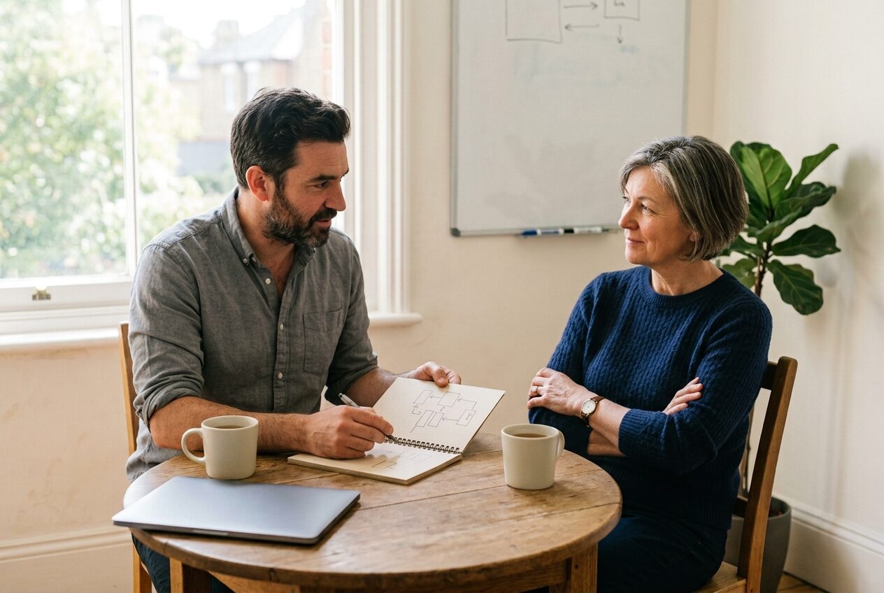 Two people talking over a sketched diagram at a small table, laptop closed