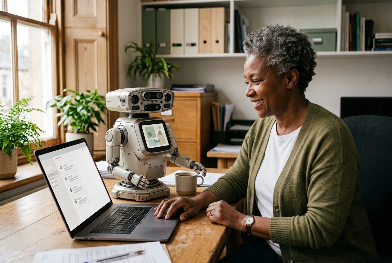 An operations director smiling at a small desk robot as they check a tidy inbox on her laptop together