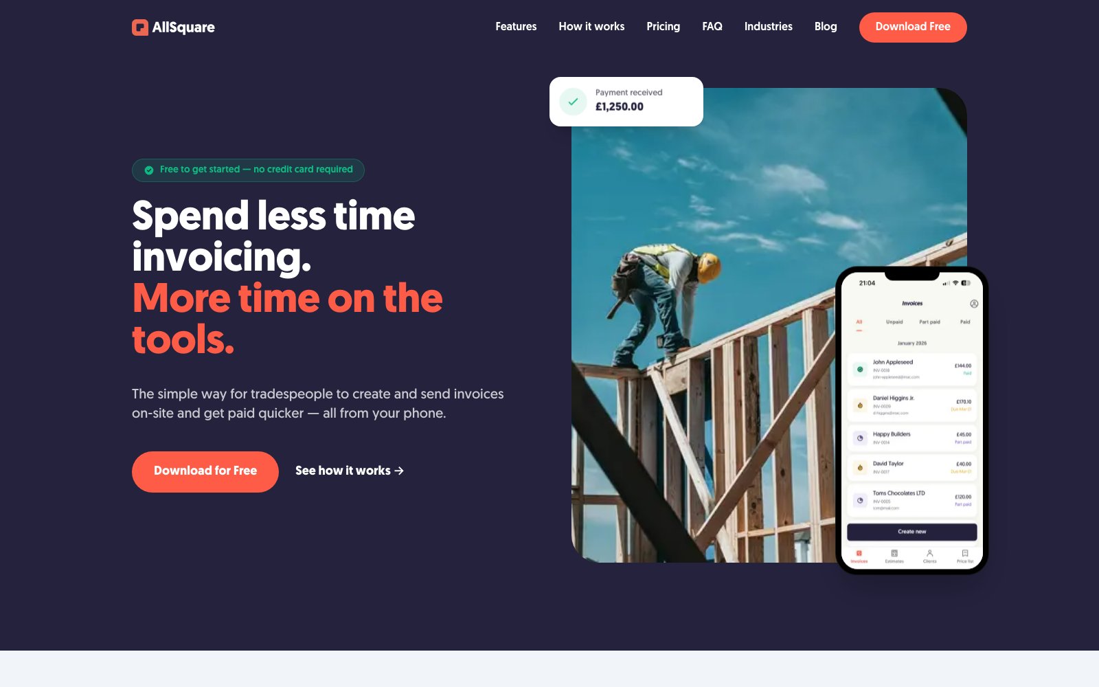 The AllSquare homepage: spend less time invoicing, more time on the tools, with the invoices screen of the iPhone app